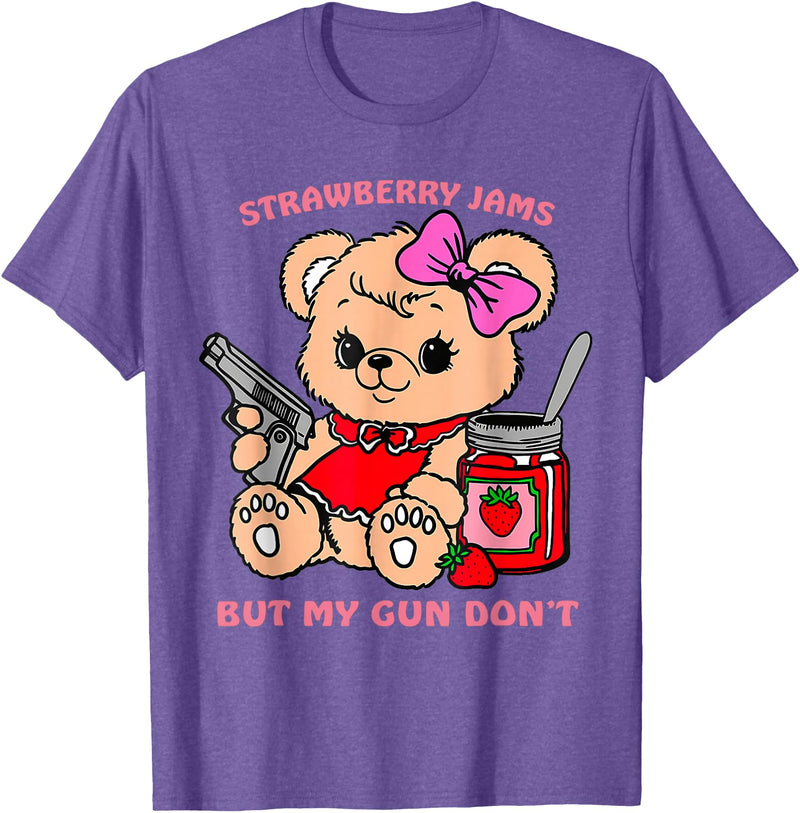 Strawberry Jams But My Gun Don't Funny Teddy Bear T-Shirt - Purple Heather