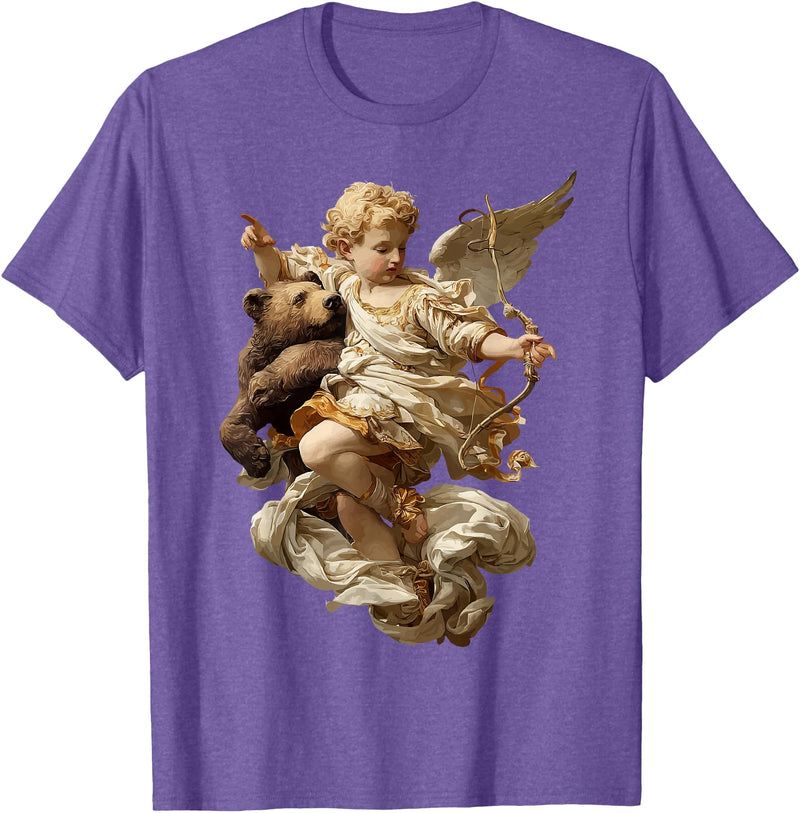 Vintage Angel Aesthetic Classical Art Cute Cherub Angel with Bear Baroque Renaissance Aesthetic T-Shirt - Purple Heather