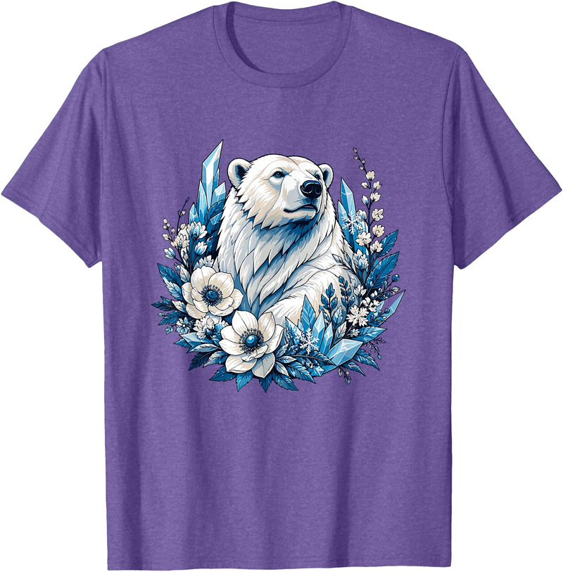 Arctic Polar Bear Floral Crystal Nature Winter Wildlife Polar Bear with Ice Flowers T-Shirt - Purple Heather