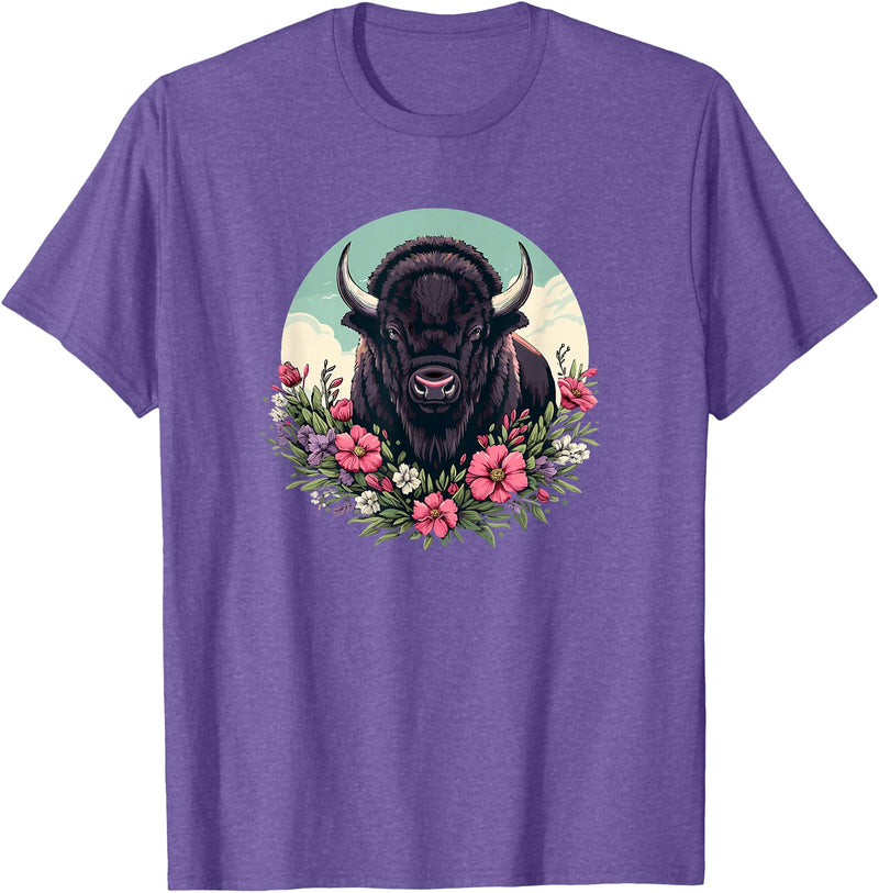 Wild Plains Buffalo Bison Gifts T Shirts & Hoodies Womens Girls Old West Retro Vintage Floral Buffalo Lover T-Shirt - Purple