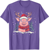 Funny Pig Christmas Outfit Pig Reindeer Santa Hat Christmas Xmas T-Shirt - Purple Heather