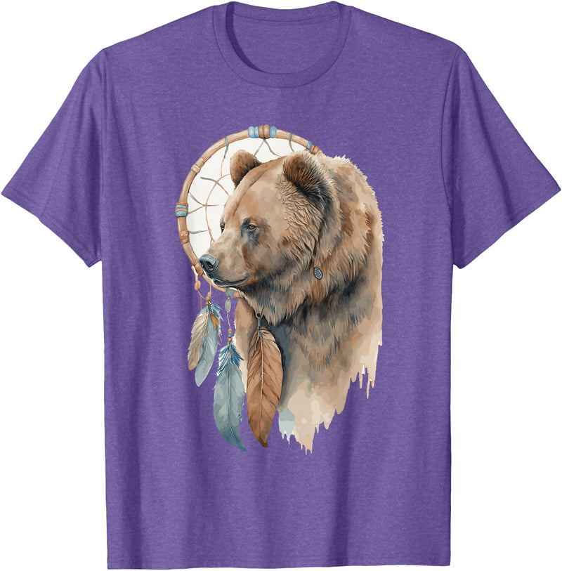More Tribal Native American Totem Animal Art Bear Tribal Watercolor Bear Dream Catcher T-Shirt - Purple Heather