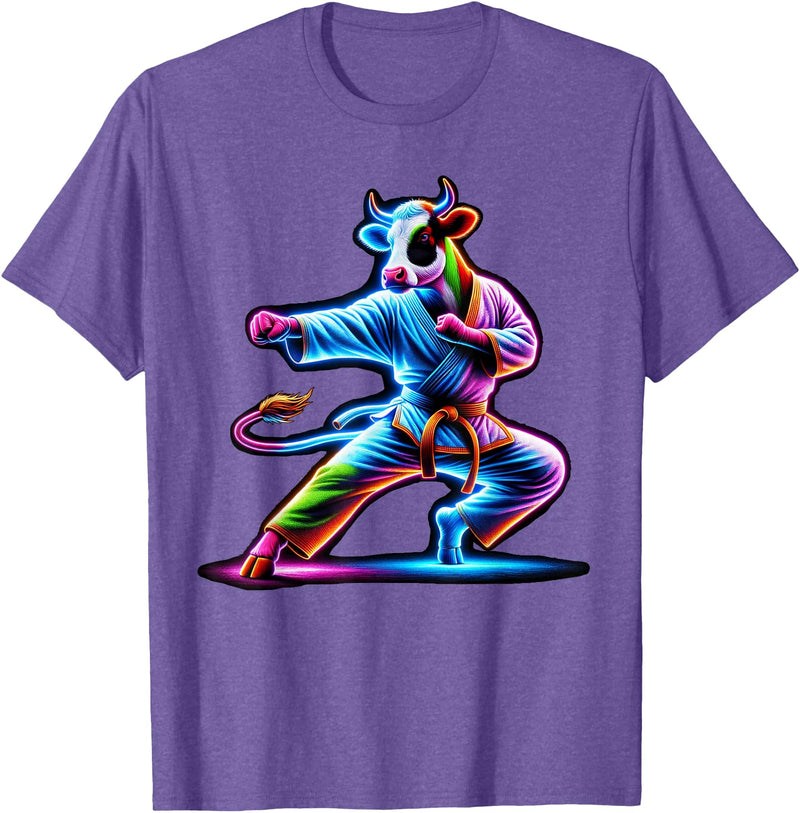 Cow Karate Black Belt Apparel Cow Karate Kick Punch Cute Funny Cool Martial Arts Cow T-Shirt - Purple Heather
