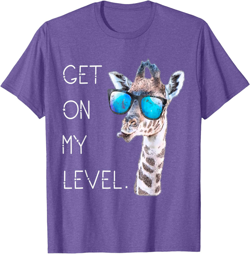 Funny Giraffe Zoo Tall Wildlife Tees & Gifts Get On My Level - Giraffe Glasses Giant Zoo Animal Saying T-Shirt - Purple Heather