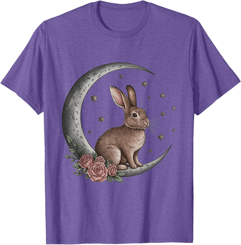 Vintage Bunny on the Moon Cute Goth Easter Rabbit T-Shirt in Purple Heather
