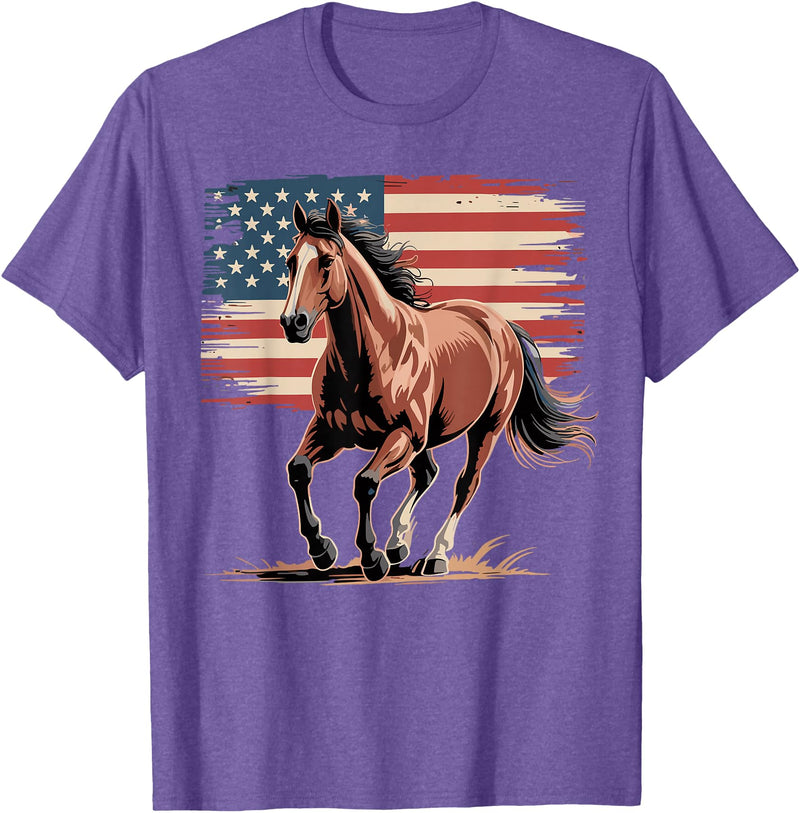 Patriotic Farm Horseback Riding 4th Of July Horse Patriotic American Horse USA Flag Western T-Shirt - Purple Heather
