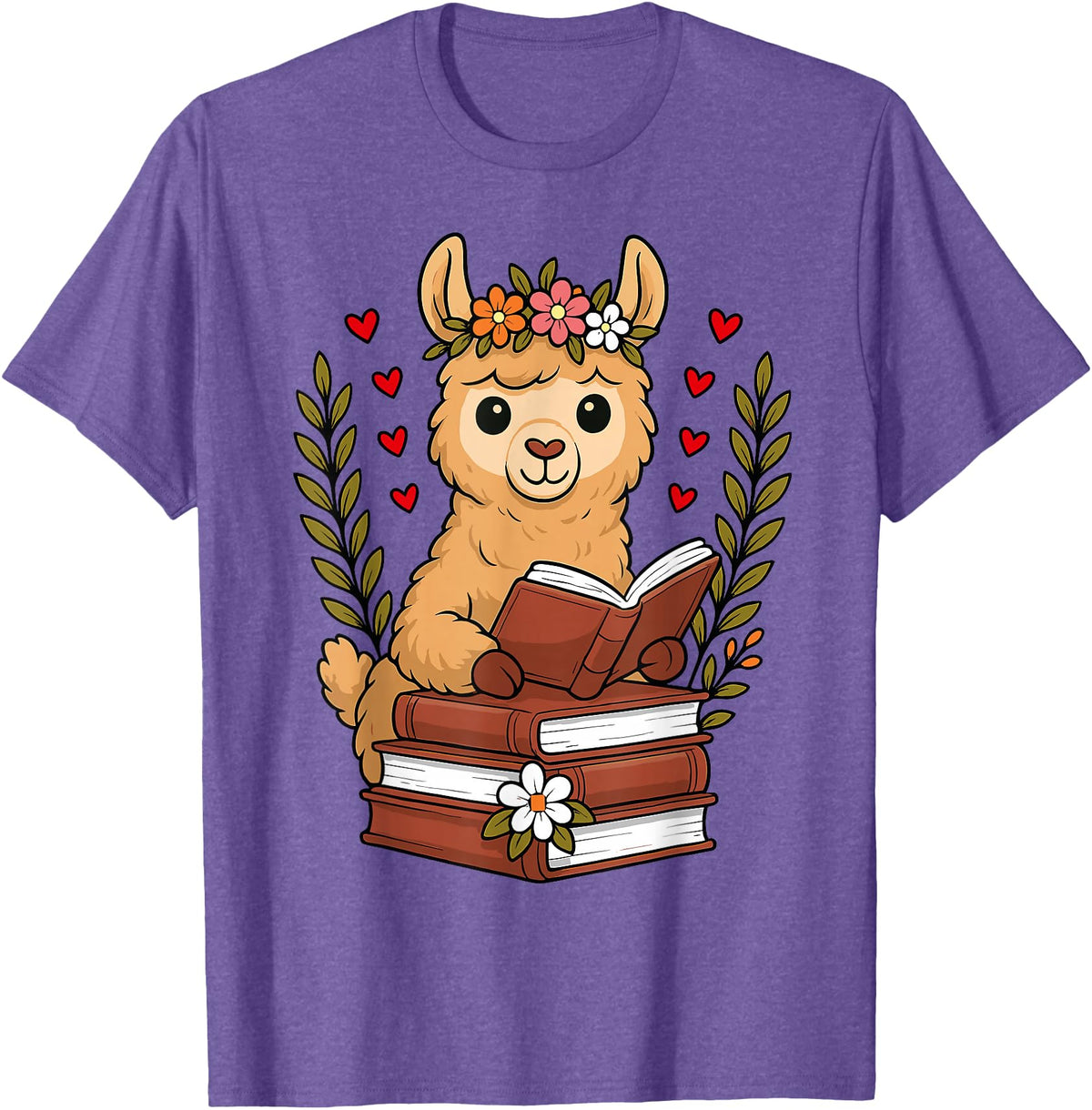 Bookworm Cute Llama Reading Book Llama Reading Book Graphic Llama with Book Floral T-Shirt - Purple Heather