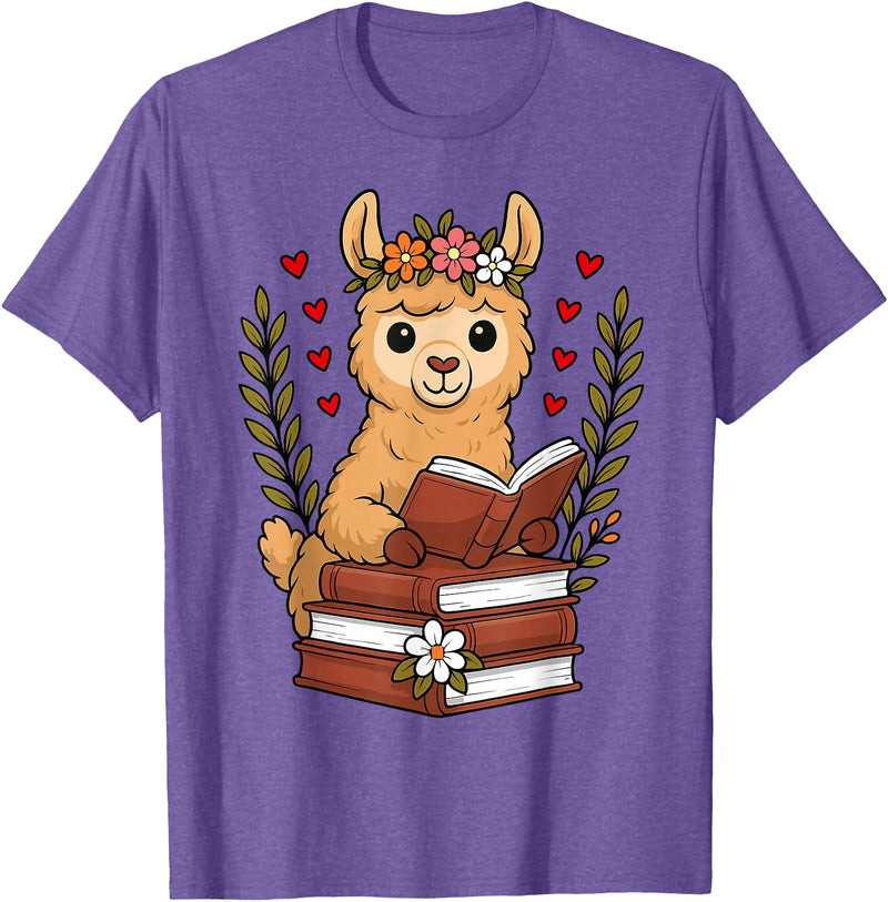 Bookworm Cute Llama Reading Book Llama Reading Book Graphic Llama with Book Floral T-Shirt - Purple Heather