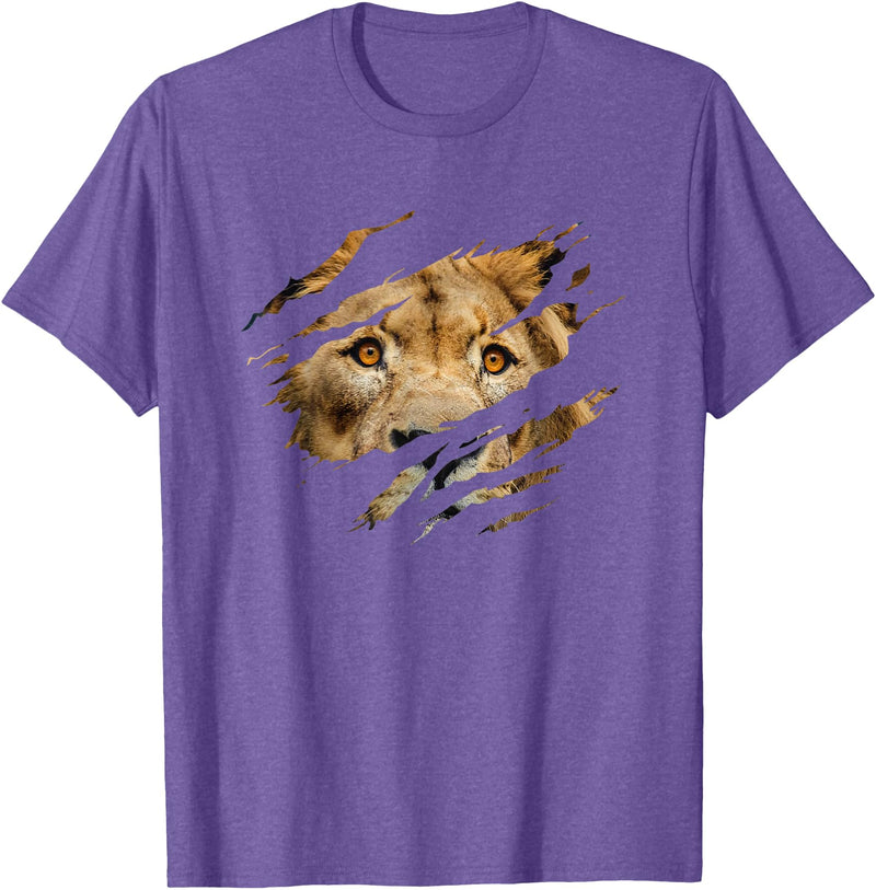 Lion Graphic - Wild Animal Lover Design Lion Outfit - Torn Design Picture Of A Lion's Face T-Shirt - Purple Heather