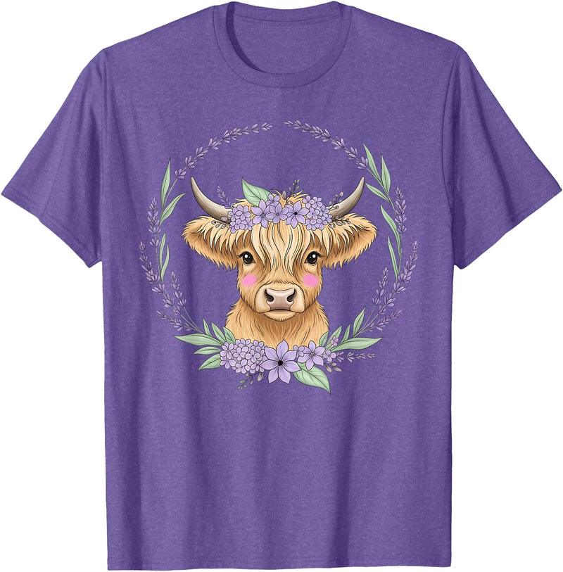 Unique Highland Cow Gifts Girls Cute Baby Highland Cow Design Purple Flowers Farm Toddler T-Shirt - Purple Heather