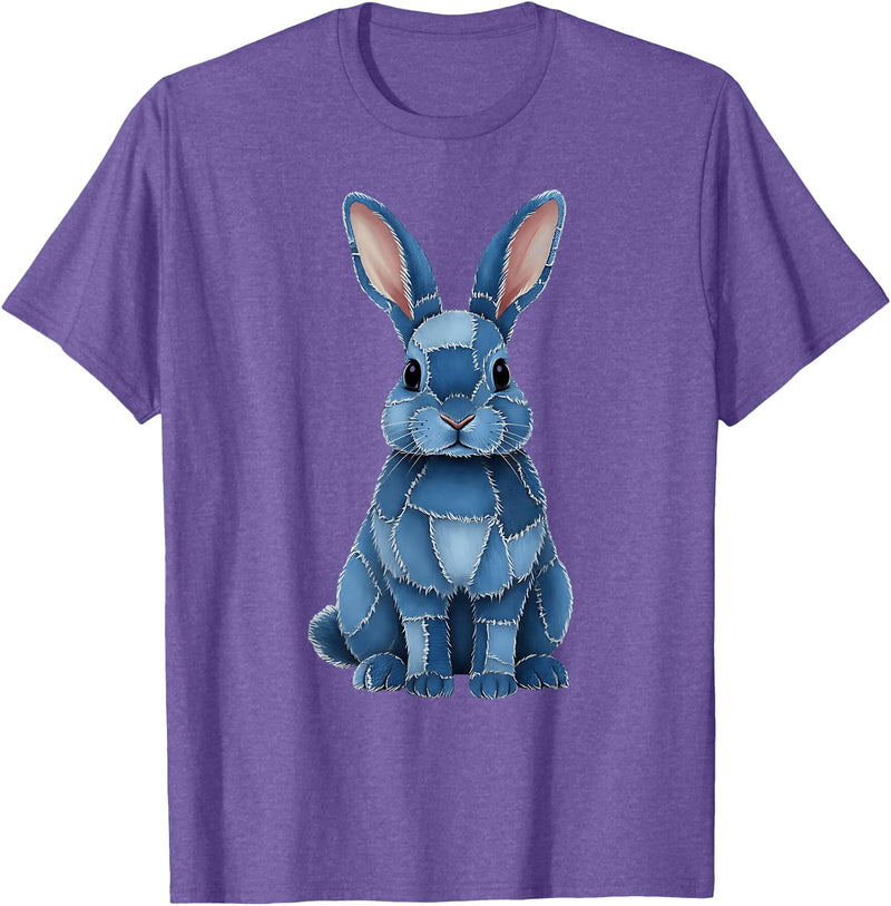 Funny Rabbit Bunny Easter Blue Denim Patchwork Style Animal T-Shirt in Purple Heather