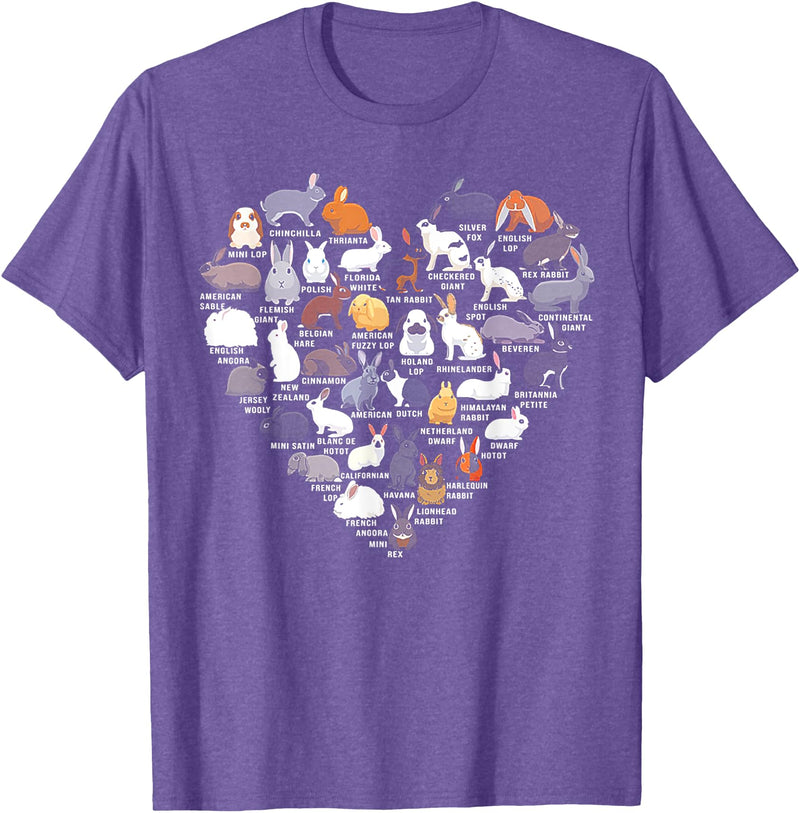 Love Bunnies Funny Rabbit Heart Small T-Shirt in Purple Heather