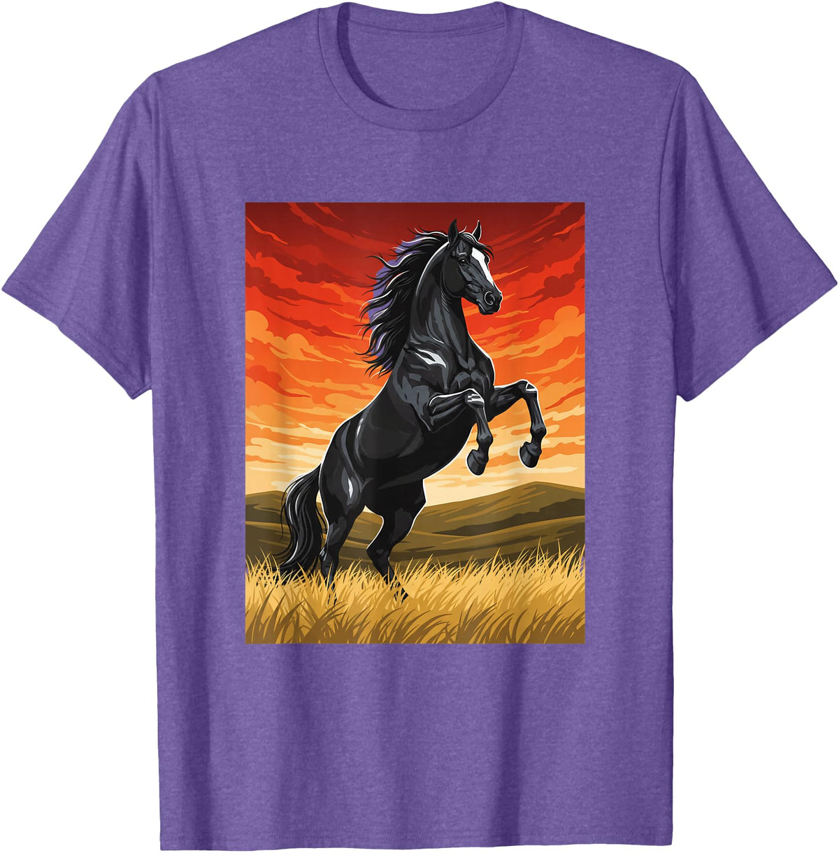 Horse Ranch Cowboy Western Equine Stallion Wy Black Horse Rearing Sunset Ranch Horse Art Print Wy T-Shirt - Purple Heather