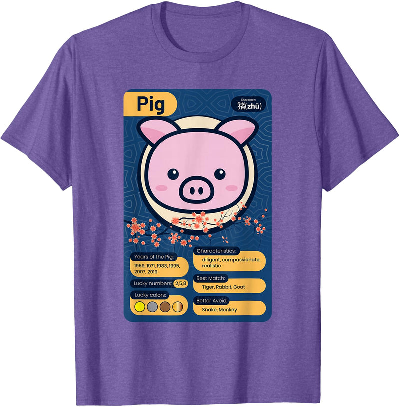 Chinese Zodiac Year of the Pig Shirts Chinese Zodiac Horoscope Animal Facts Year of the Pig T-Shirt - Purple Heather
