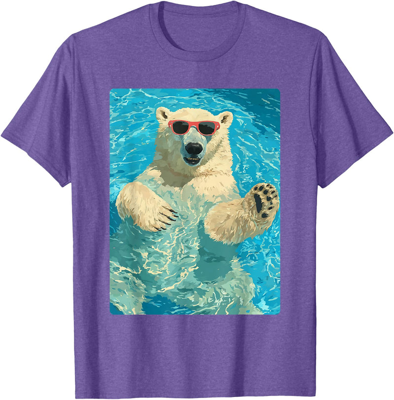 Pool Party Summer Animals Designs Funny Polar Bear with Sunglasses Summer Animal Swimming T-Shirt - Purple Heather