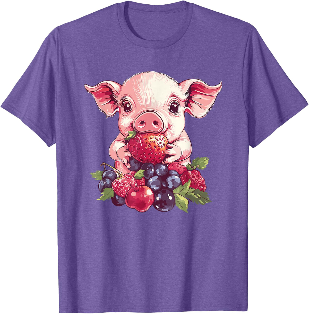 Cute Pig Eating Strawberries And Berries Fun Adorable Pig With Strawberries And Berries T-Shirt - Purple Heather