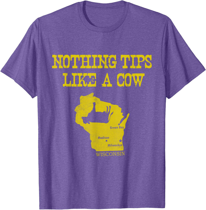 Funny Farm Nothing Tips Like A Cow Wisconsin T-Shirt - Unisex-Adults, Green, Small, Short Sleeve, Cotton, Polyester - Purple