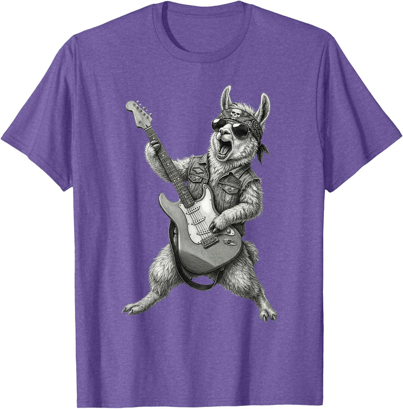 Rock Guitar Llama Stuff Accessories & Gifts Llama Playing Guitar Rock & Roll Llamas Alpaca Rocker Music T-Shirt - Purple Heather