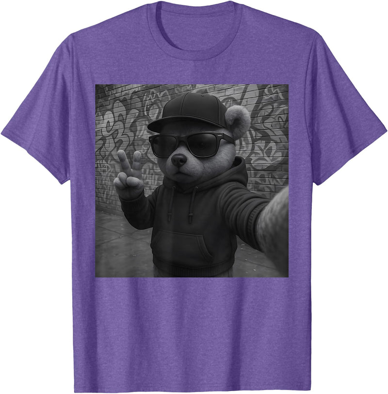 Teddy Bear Graphic Streetwear Hip Hop Men's Design Hip Hop Teddy Bear Selfie Urban Streetwear Peace Sign Rap T-Shirt - Purple Heather