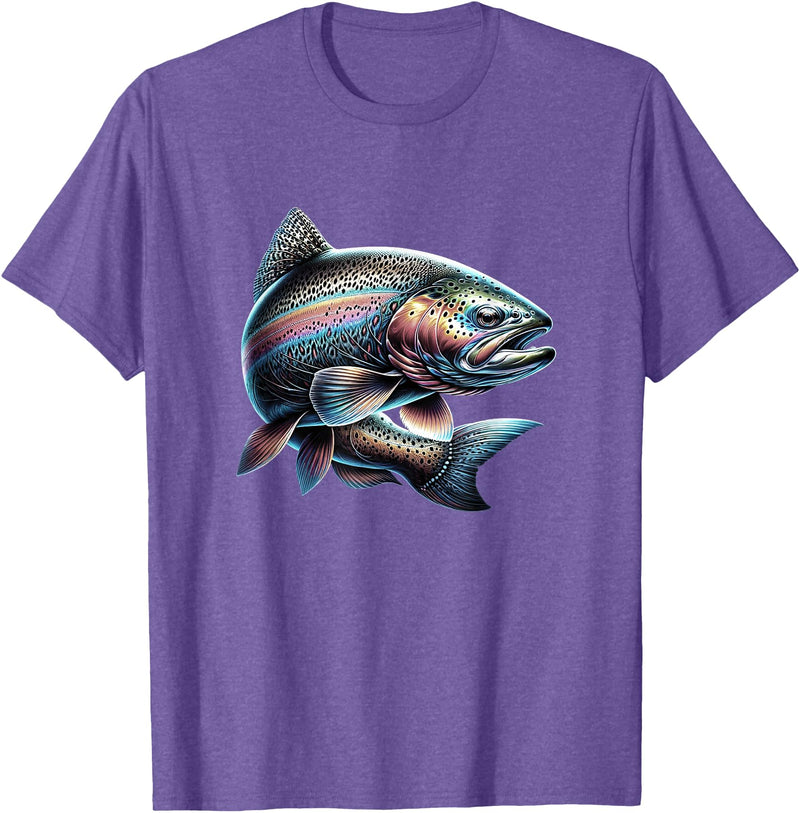 Steelhead Fishing - Unisex Adults & Kids Fishing T-Shirt - Black - Small - Short Sleeve - Cotton & Polyester - Modern Fish Graphic - Crew Neck - Regular Fit - Pull On - Imported - Purple Heather