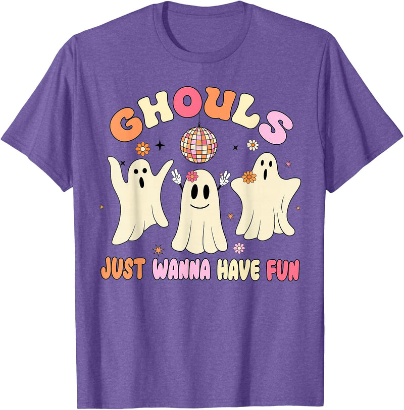 Groovy Ghosts Just Wanna Have Fun Funny Halloween T-Shirt - Purple Heather