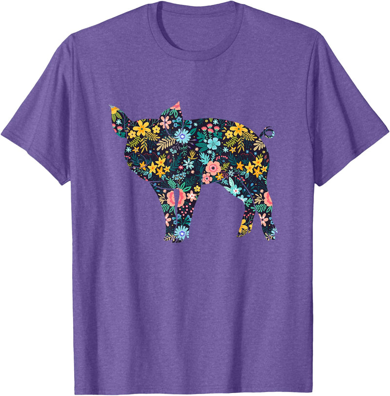 Animal Hog Floral Silhouette Pig Lover Floral Piglet Silhouette Womens Girls Graphic Pig T-Shirt - Purple Heather
