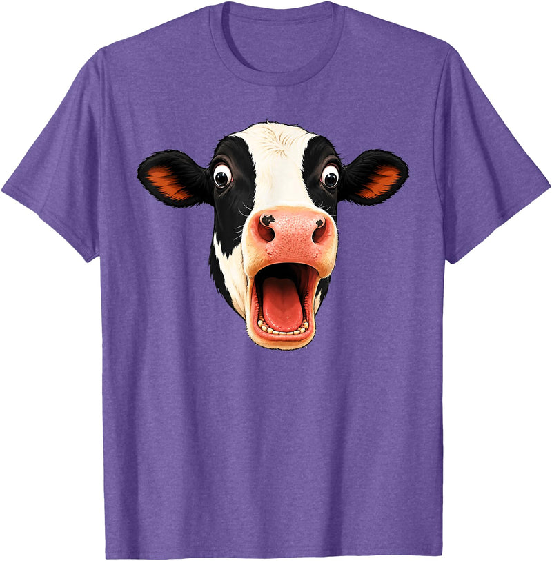 Funny Cow Face Screaming Silly Animal Graphic Animal Cows Funny Cow Face Screaming Silly Animal Shocked T-Shirt - Purple