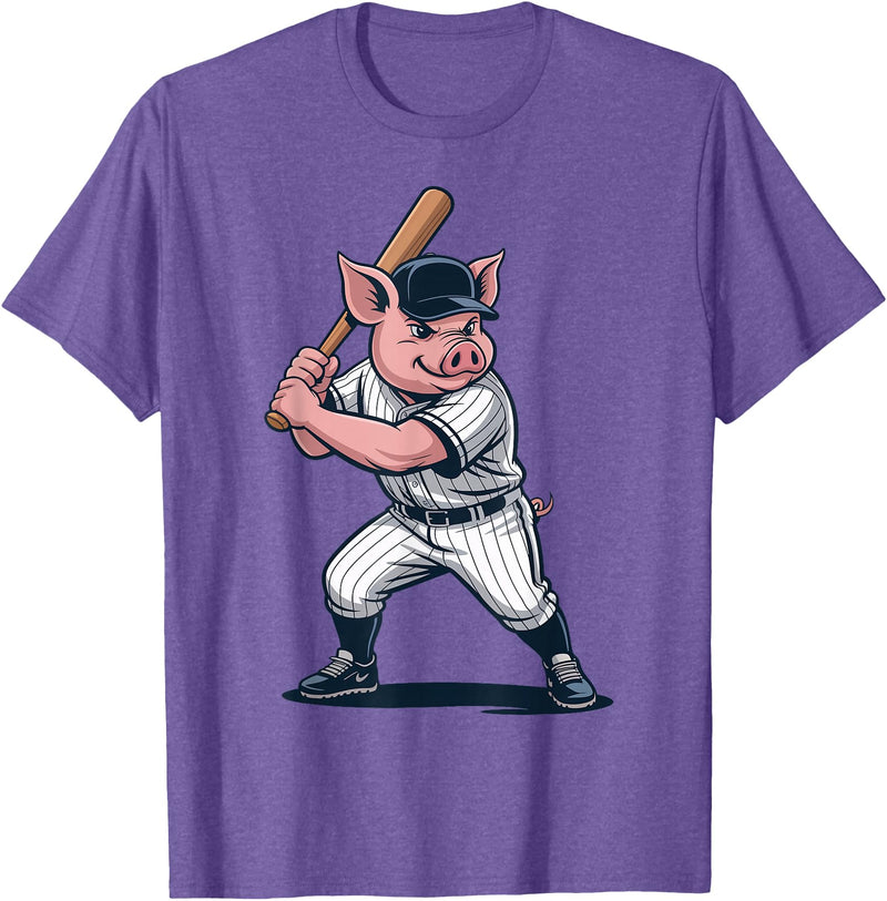 Pig Animal Baseball Lovers Graphic Funny Pig Playing Baseball Artwork Vintage Animal Baseballer T-Shirt - Purple Heather