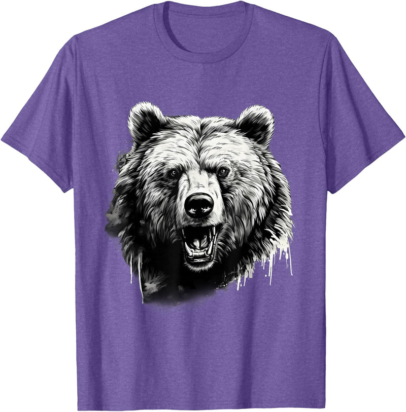 Forest Animal Art Bear Animal Art Portrait Wildlife Nature Artwork Drawing T-Shirt - Purple Heather