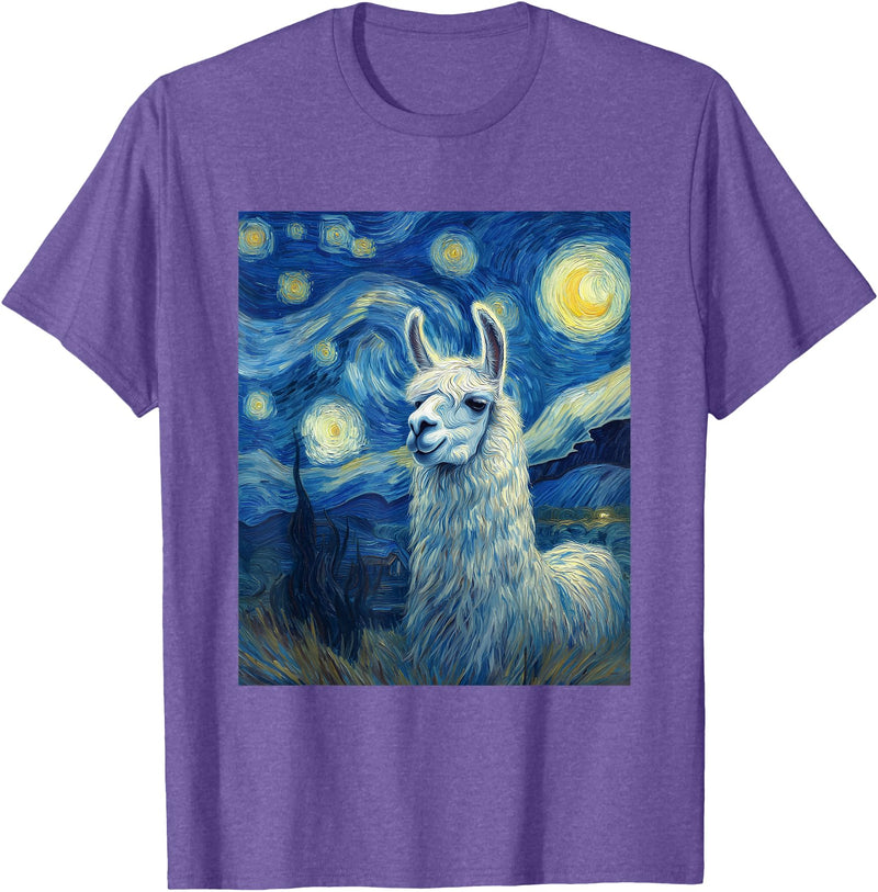 Llama Designs. Llama Alpaka Van Gogh Style Starry Night Funny Graphic T-Shirt - Purple Heather