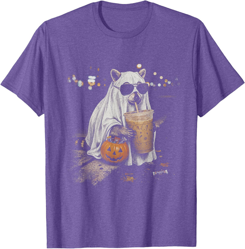 Funny Halloween Raccoon with Pumpkin and Coffee Raccoon with Pumpkin and Coffee Vintage 90s Halloween T-Shirt - Purple