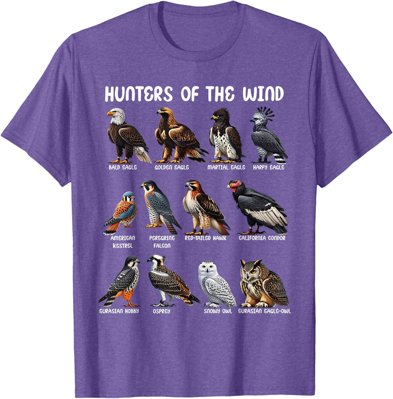 Bird Lover Hunters of the Wind Birds of Prey Falcon Owl Birding Raptors T-Shirt - Purple Heather