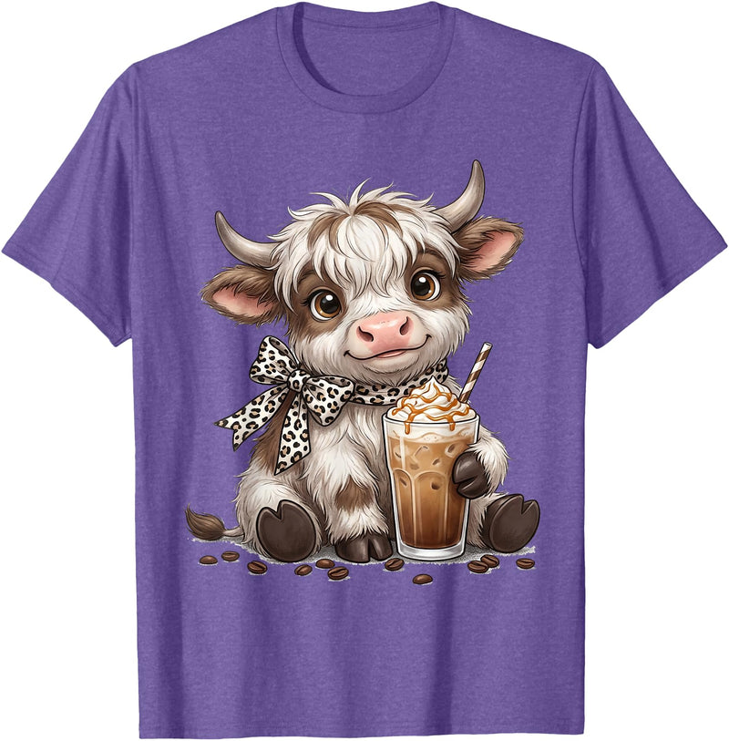 Funny Highlander Cow Drinking Coffee Lover Designs Highland Cow Drinking Iced Coffee Lover Funny Animal Meme T-Shirt -