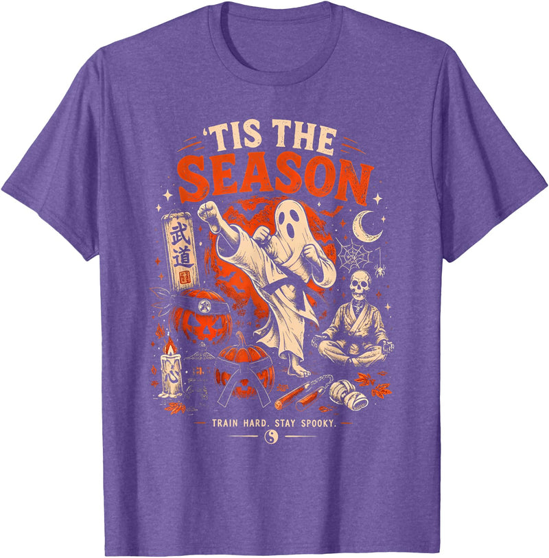 Halloween Pumpkin Ghost Martial Artists Karate Tis The Season Karate Pumpkin Ghost Martial Arts Halloween T-Shirt - Purple