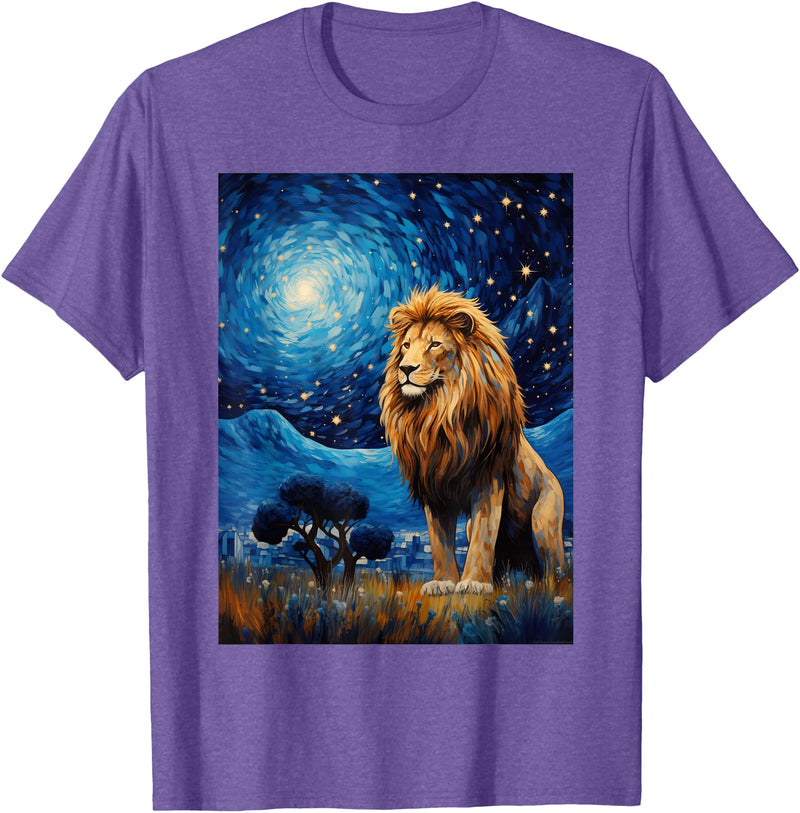Painting Style Lion Lover Lion Starry Night Van Gogh Style Graphic T-Shirt - Purple Heather