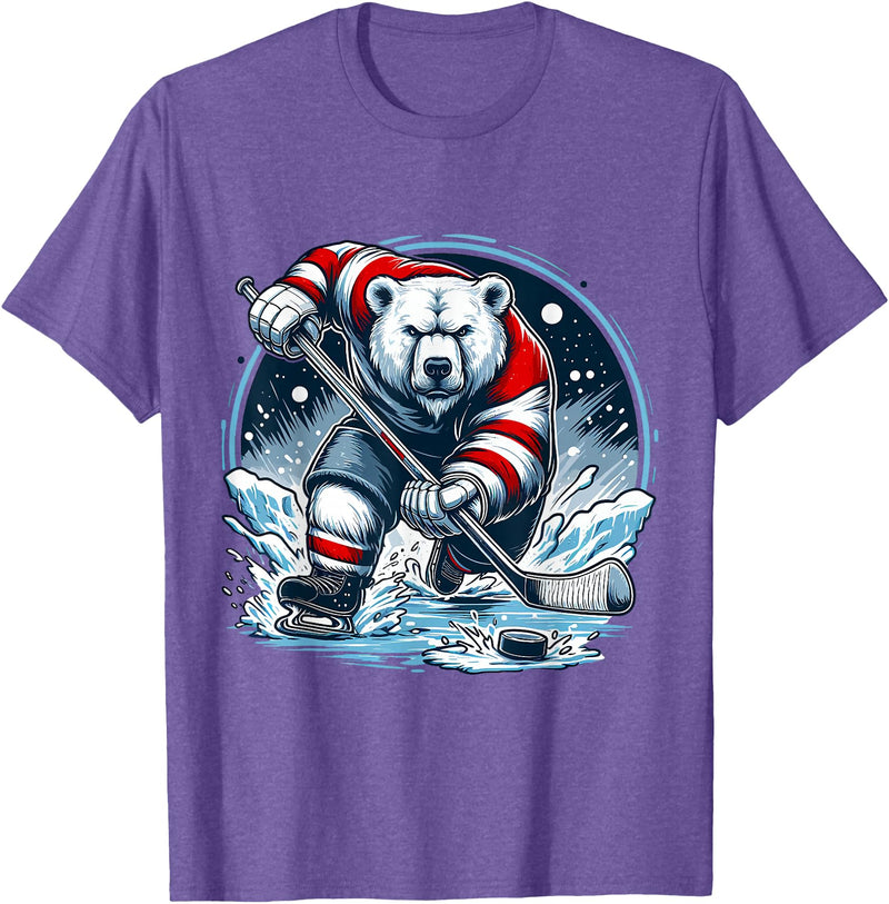 Hockey Player Love Polar Bear Hockey Bear on Ice: A Funny Polar Bear Playing Hockey T-Shirt - Purple Heather