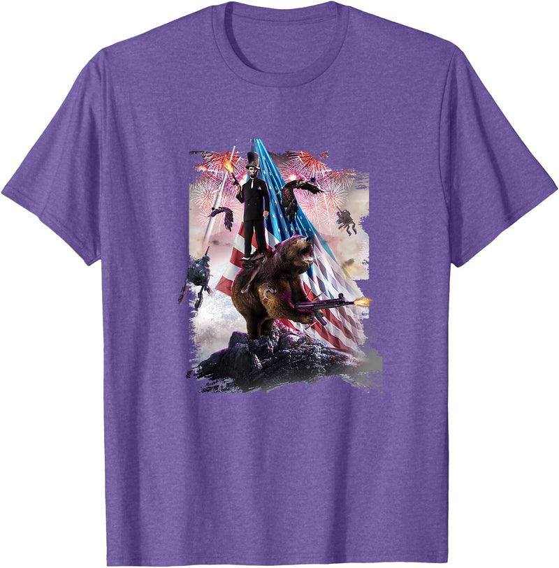Random Galaxy Abe Lincoln Riding Bear American Patriotic Funny T-Shirt - Purple Heather