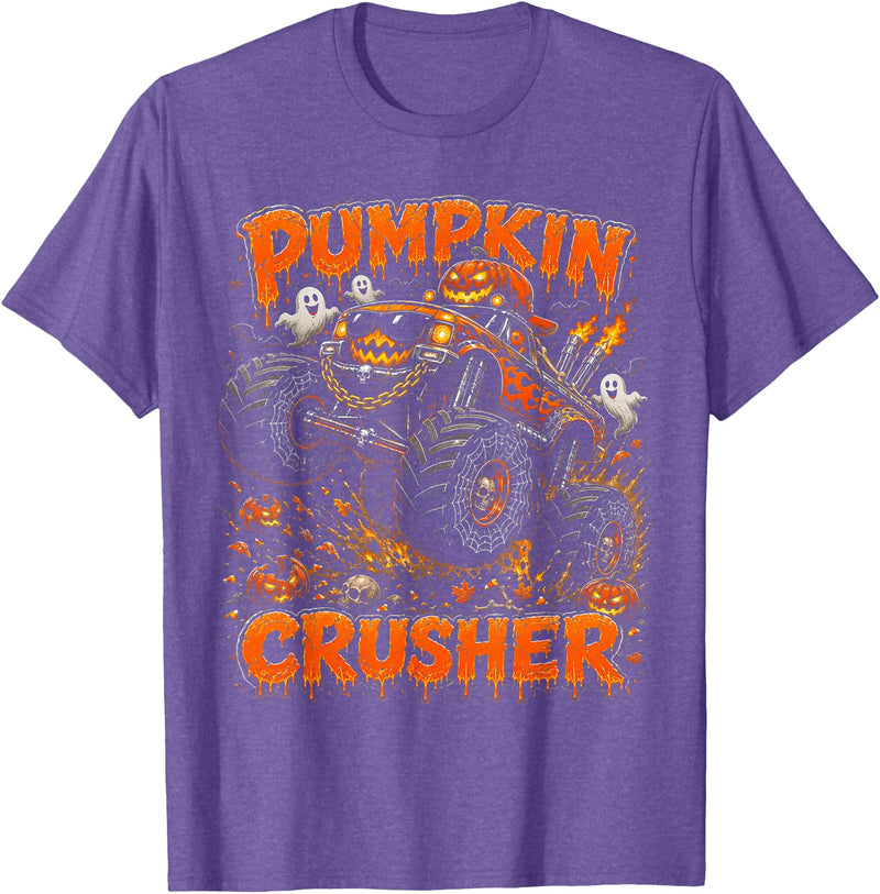 Pumpkin Crusher Kids Halloween Monster Truck Pumpkin Crusher Monster Truck Ghosts Halloween Boys T-Shirt - Purple Heather