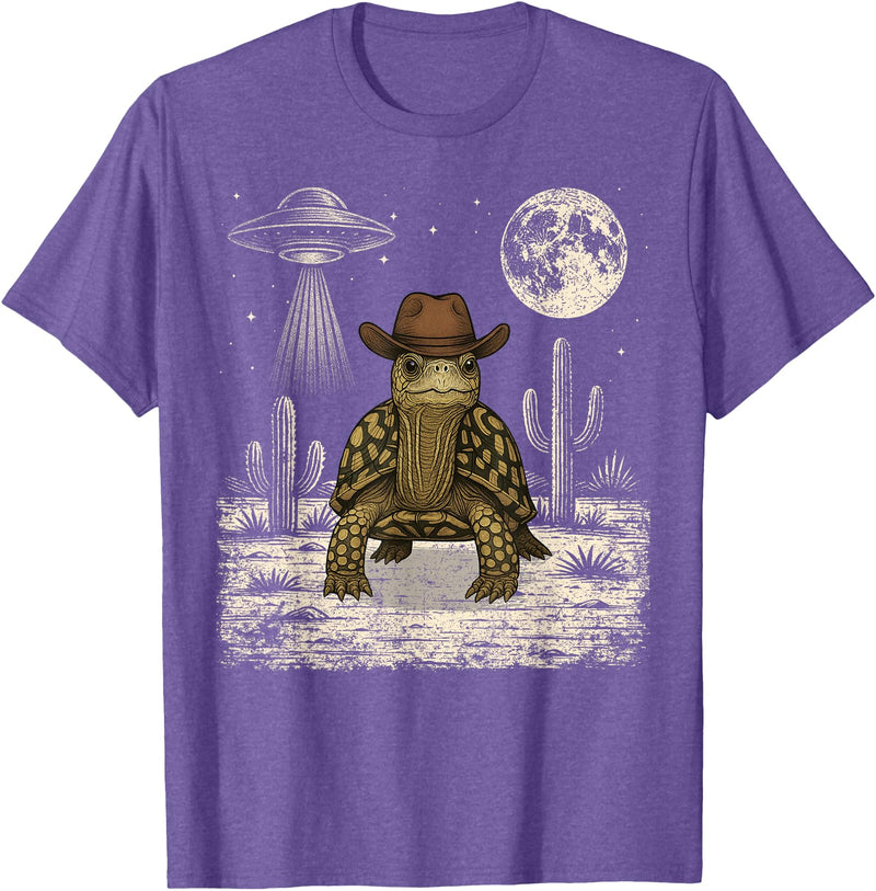 Retro Land Turtle Lover Halloween Moon Funny Eastern Box Turtle Cowboy Western UFO T-Shirt - Purple Heather