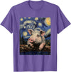 Cute Pigs Designs. Cute Pig Funny Van Gogh Style Starry Night Graphic T-Shirt - Purple Heather