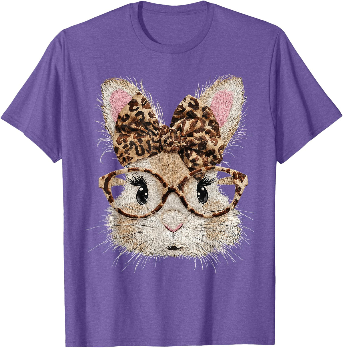 Cute Bunny Rabbit Face Leopard Coquette Bow Glasses Easter T-Shirt in Purple Heather