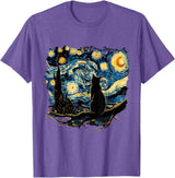 Cat Starry Night Van Gogh Cat T-Shirt for Cat Lovers, Women, Unisex, Black, Small, Short Sleeve, Classic Fit