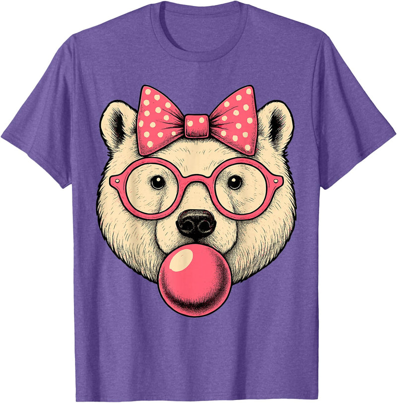Magical and Funny Polar Bear Gifts Polar Bear with Bubblegum and Pink Bow T-Shirt - Purple Heather