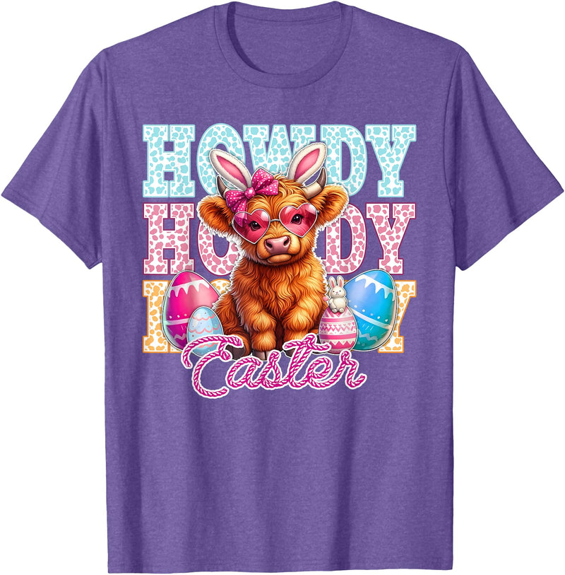 Highland Cow Easter Cute Western Farm Apparel Howdy Easter Cute Highland Cow Bunny Ears Western Easter T-Shirt - Purple