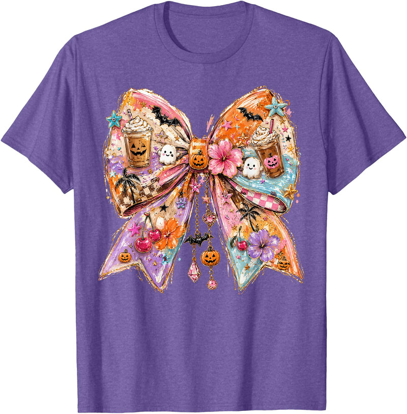 Summerween Tees NYC Summerween Bow Coquette Summer Halloween Ghosts Beach Coffee T-Shirt - Purple Heather