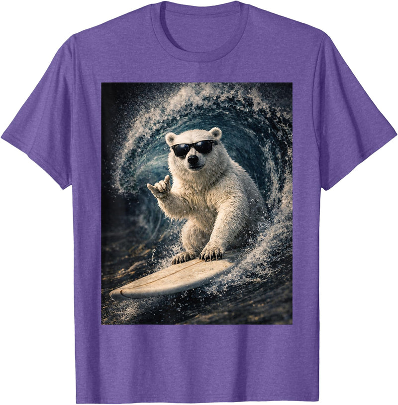 White Bear Surfing Waves Funny Animal Apparel Funny Polar Bear Surfer Catching Waves | Shaka Funny Animal T-Shirt - Purple Heather