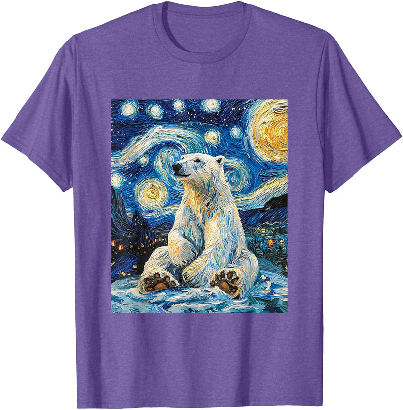 Bear Designs. Cute Polar Bear Van Gogh Style Starry Night Funny Graphic T-Shirt - Purple Heather