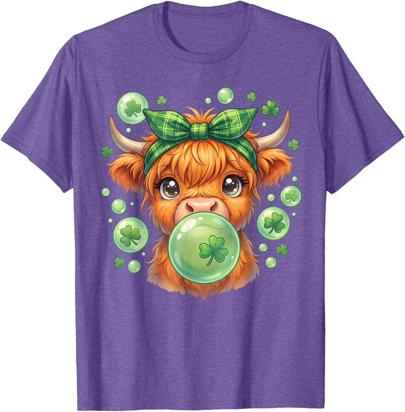 St. Patricks Day Highland Cow Blowing Bubblegum Celebrate St Patricks Day T-Shirt - Purple Heather