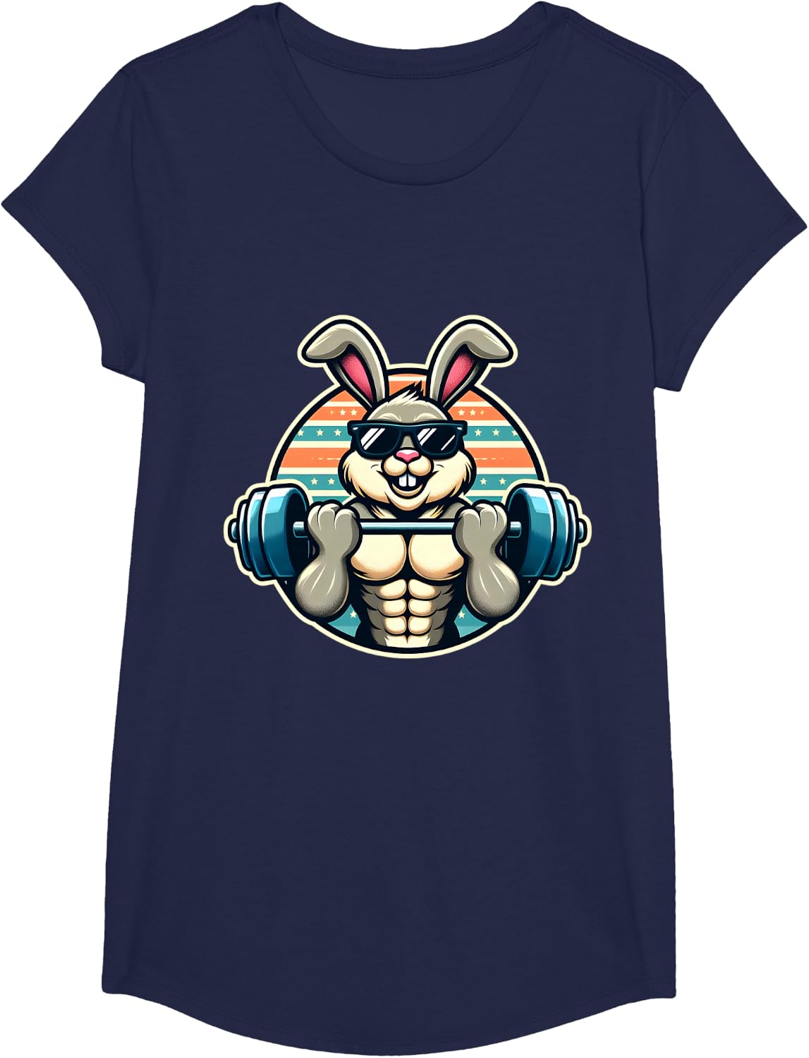 Happy Easter Bunny Rabbit Lifting Weights Training Muscular T-Shirt - Girls Navy Blue