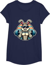 Happy Easter Bunny Rabbit Lifting Weights Training Muscular T-Shirt - Girls Navy Blue